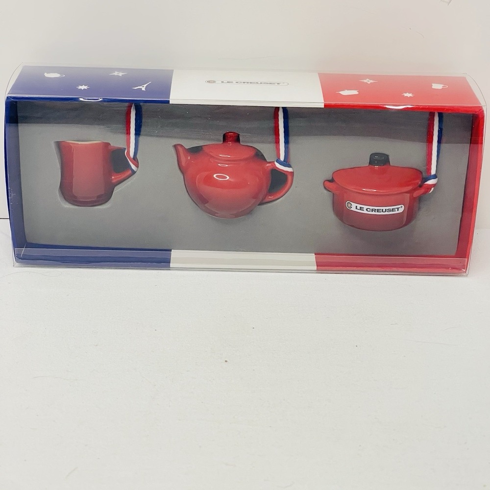 Le Creuset Cerise Red Miniature Set of 3 Ornaments‎ Mug Teapot Dutch Oven NEW